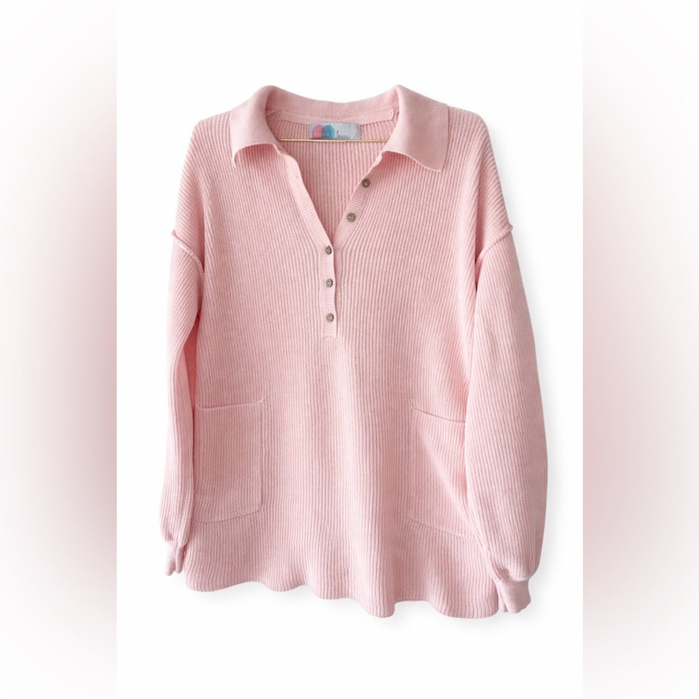 Free People Beach Pink Waffle Knit Henley Pullover Oversized